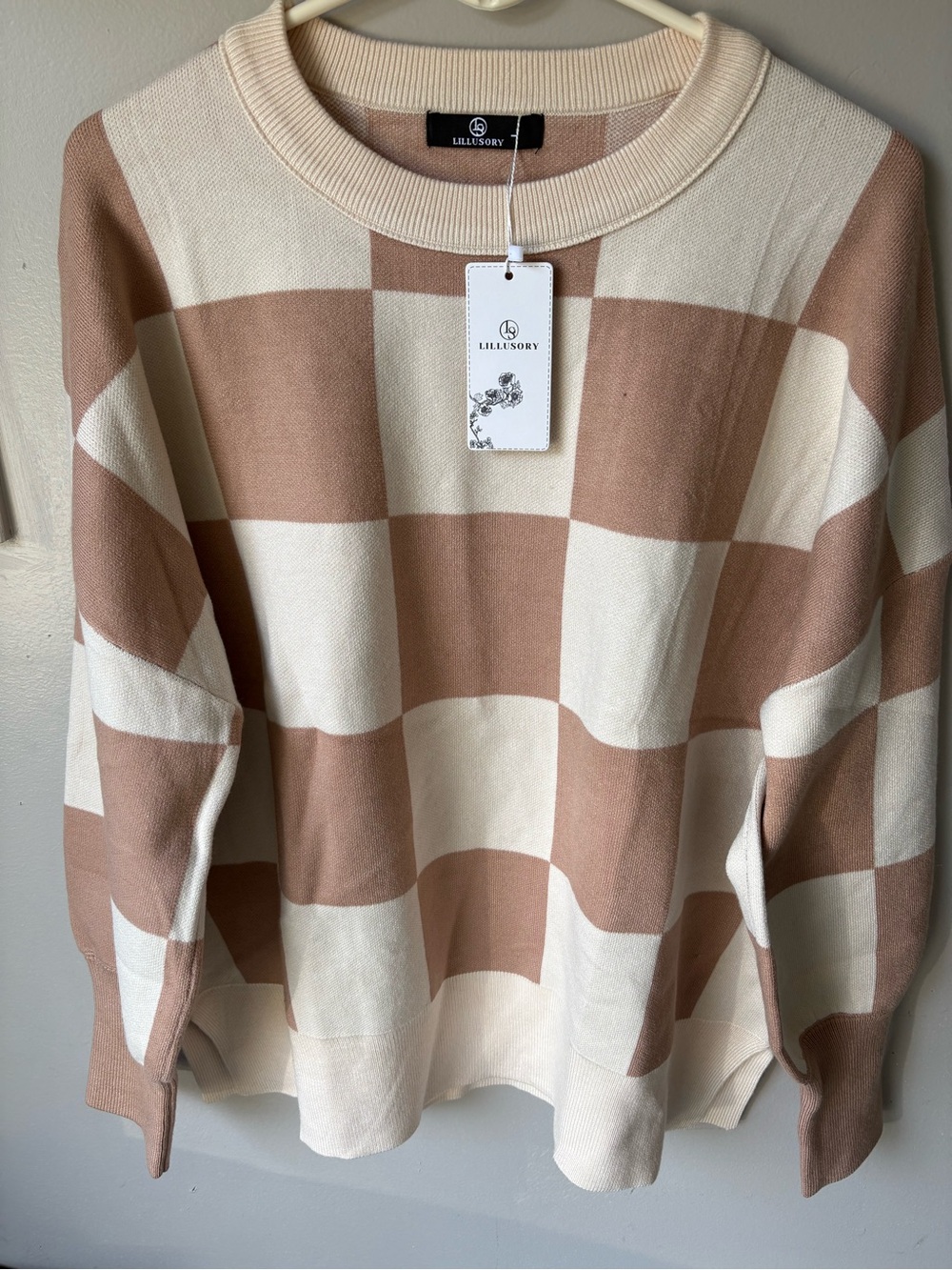 LILLUSORY Cream & Tan Checkerboard Crewneck Sweater
